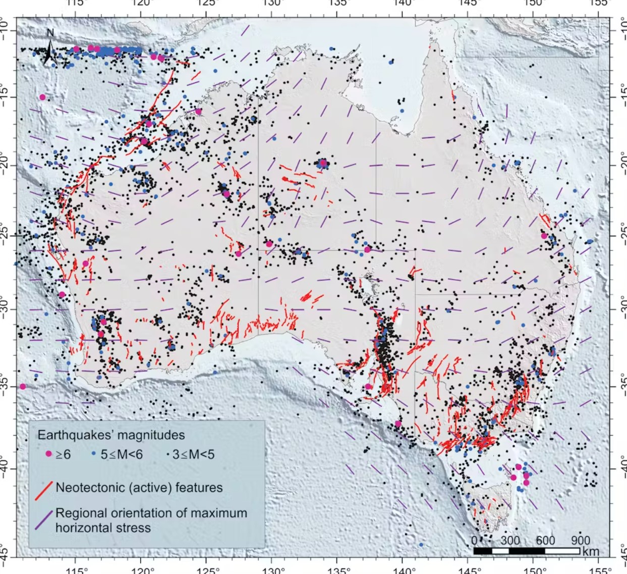 Diagram of Australia showing location of earthquakes